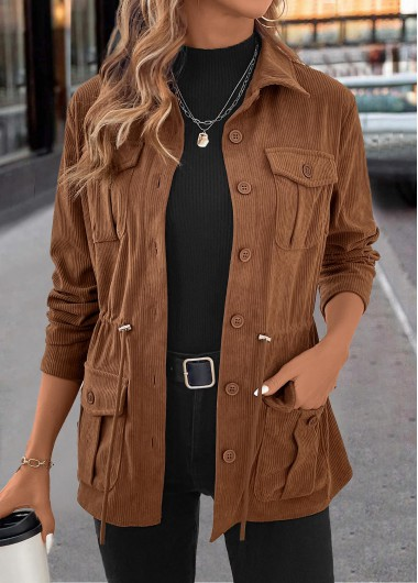 Dark Coffee Drawstring Long Sleeve Shirt Collar Coat