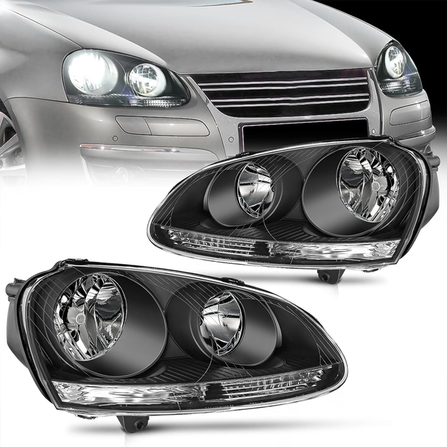 2005 2006 2007 2008 2009 2010 Volkswagen Jetta 2006 2007 2008 2009 VW Rabbit GTI Headlight Assembly Black Housing Clear Reflector