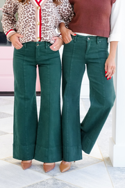Risen Mid Rise Green Tummy Control Wide Leg Jeans with Large Wide Hem