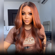 Dark Brown Highlight Body Wave HD Transparent Lace Front Wig Copper Color Face Frame Highlights Human Hair Wigs