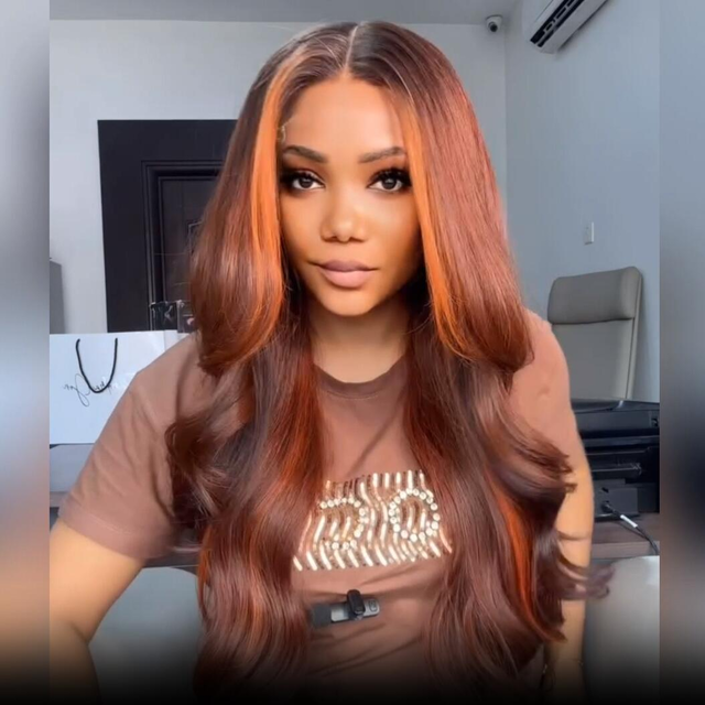 Dark Brown Highlight Body Wave HD Transparent Lace Front Wig Copper Color Face Frame Highlights Human Hair Wigs