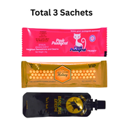 Dual VIP Him Her Combo: Pink Honey Sachets & Black Bull Honey Tubes & Extra Gold Halal Honey (Pack of 1 Each, 20g Each)