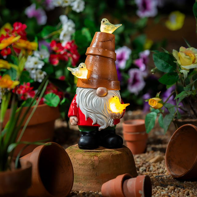 Solar Resin Gnome With Planter Hat Statue, 10"H