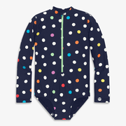Kids long sleeve one-piece rash guard in rainbow confetti dots