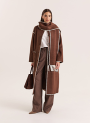 Chocolate Contrast Stitch Longline Scarf Coat