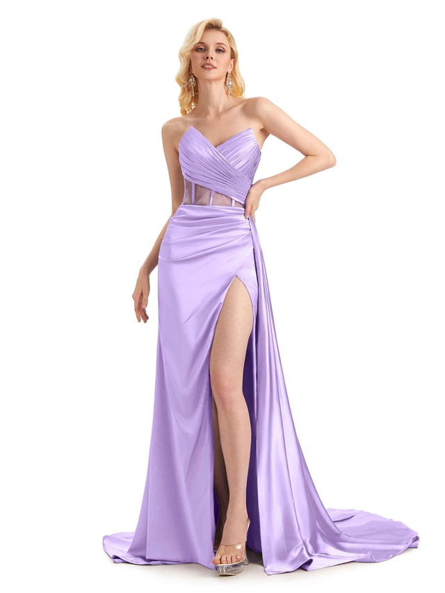 Sexy Soft Satin Side Slit See Through Floor-Length Long Mermaid Bridesmaid Dresses