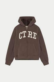 EMBROIDERED CTRE ZIP THROUGH HOODIE - CHOCOLATE