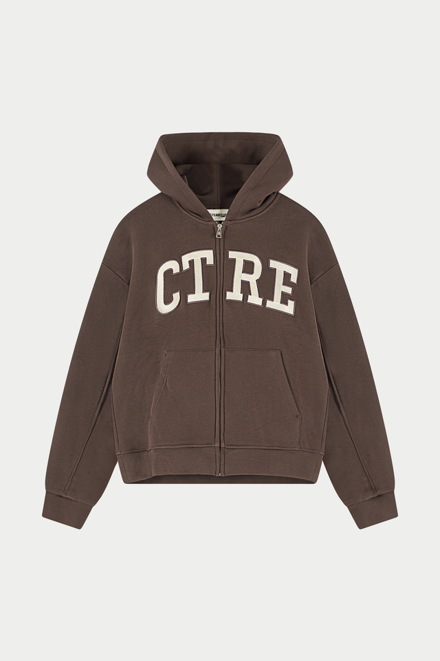 EMBROIDERED CTRE ZIP THROUGH HOODIE - CHOCOLATE