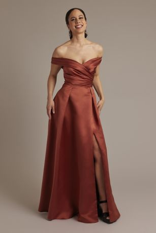 Satin Off-the-Shoulder Ball Gown Bridesmaid Dress