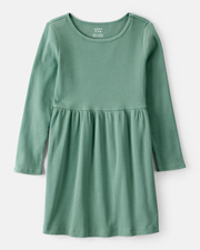 Girls Long Sleeve Cotton Dress - Green