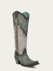 C4219 - WOMEN'S TURQUOISE OVERLAY EMBROIDERY AND STUDS TALL TOP BONE SNIP TOE COWBOY BOOT
