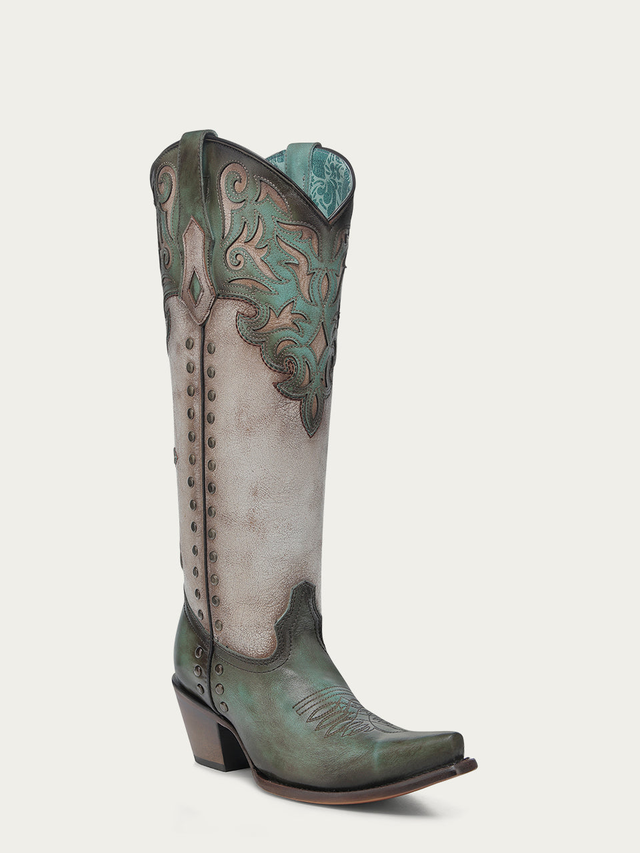 C4219 - WOMEN'S TURQUOISE OVERLAY EMBROIDERY AND STUDS TALL TOP BONE SNIP TOE COWBOY BOOT