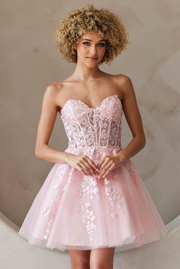 Amelia Couture BZ9024s Short A-Line Tulle Strapless Floral Applique Dress