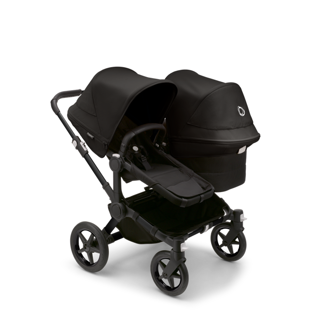 Bugaboo Donkey 5 Duo bassinet and seat stroller black base, midnight black fabrics, midnight black sun canopy