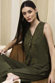 Olive Green Solid Straight Co-ord Set