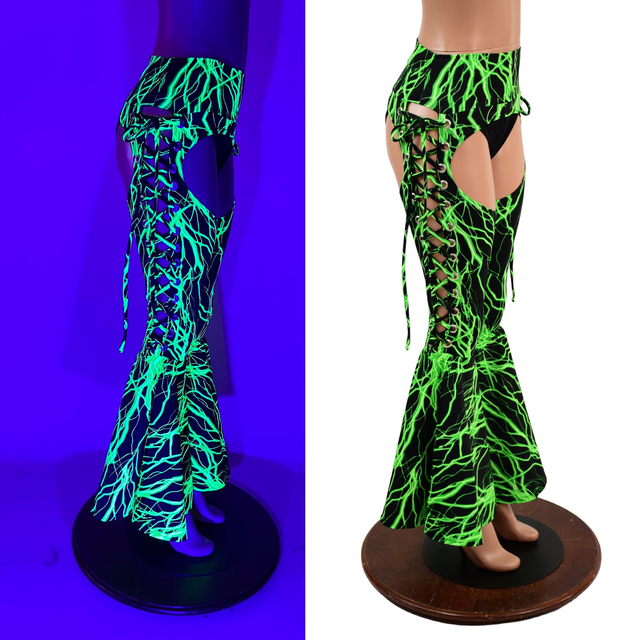 Neon Green Lightning Lace Up Bell Bottom Chaps