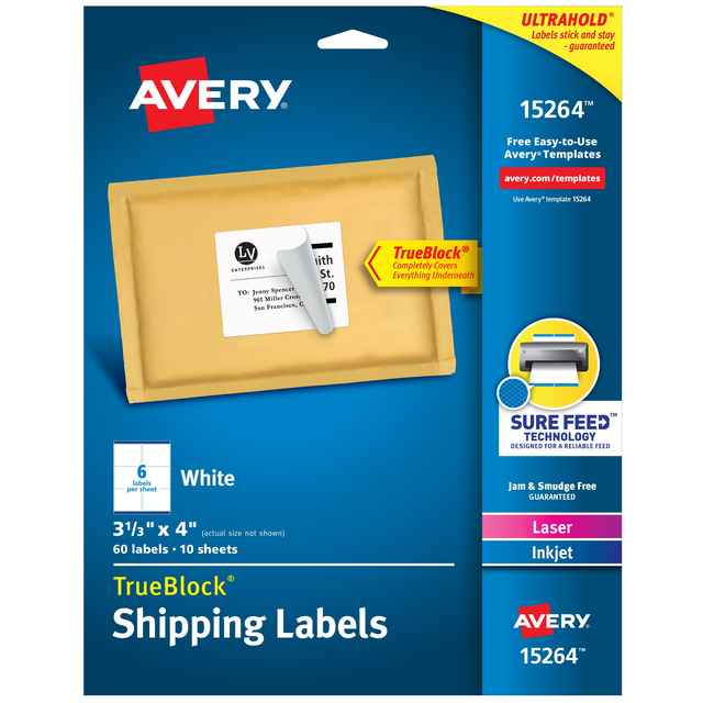 Avery® TrueBlock® Shipping Labels, Sure Feed™ Technology, Permanent Adhesive, 3-1/3" x 4", 60 Labels (15264)