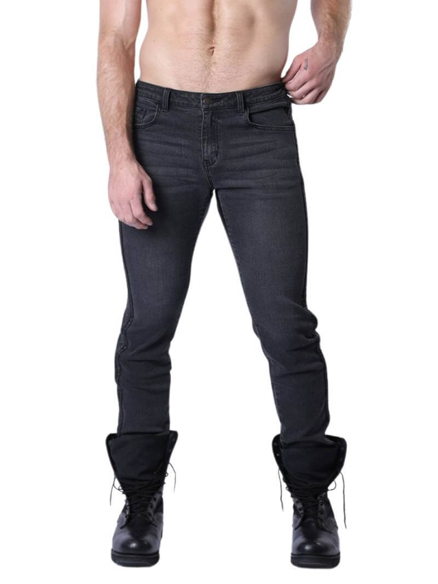 CellBlock13 Saddleback Stretch Fit Black Denim Jeans with Leatherette Panels - 30"