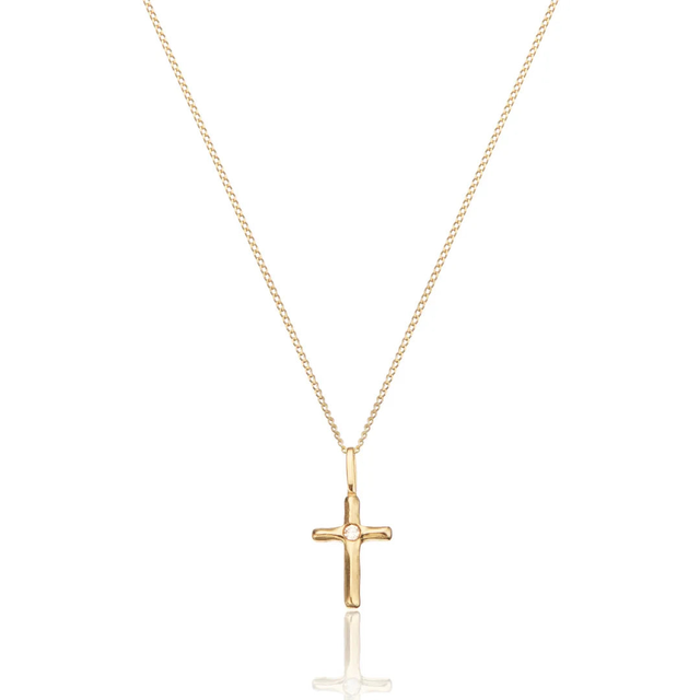 Solid Gold Single Genuine Diamond Tiny Cross Necklace