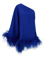 'Ubud' Mini Blue One-Shoulder Dress with Feather Trim in Acetate Blend Woman