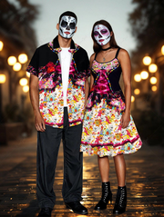 Halloween Skulls Flowers Lace Up Cape 3D Print Plus Size Matching Outfit For Couples