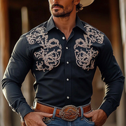 Retro Western Cowboy Men's Casual Long Sleeve Shirt