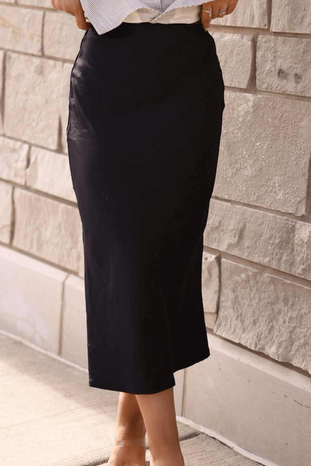Muse By Magnolia Black Satin Midi Skirt - FINAL SALE