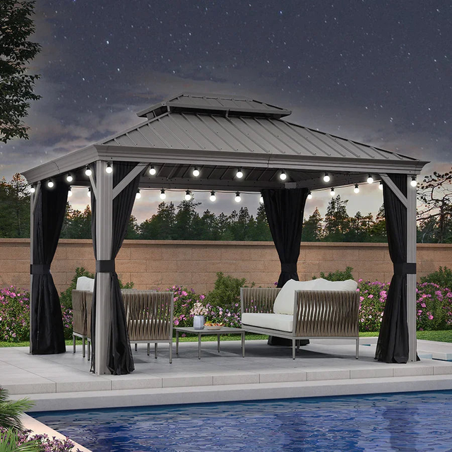 PURPLE LEAF Patio Gazebo for Backyard | Hardtop Galvanized Steel Frame with String Lights | Light Grey