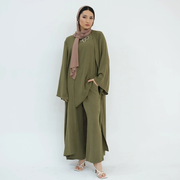 Olive Three Piece Pants Abaya Set