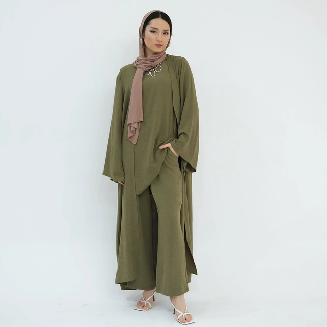 Olive Three Piece Pants Abaya Set