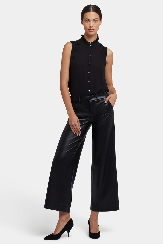 Vegan Stretch Leather Wide Leg Trouser Pants - Black