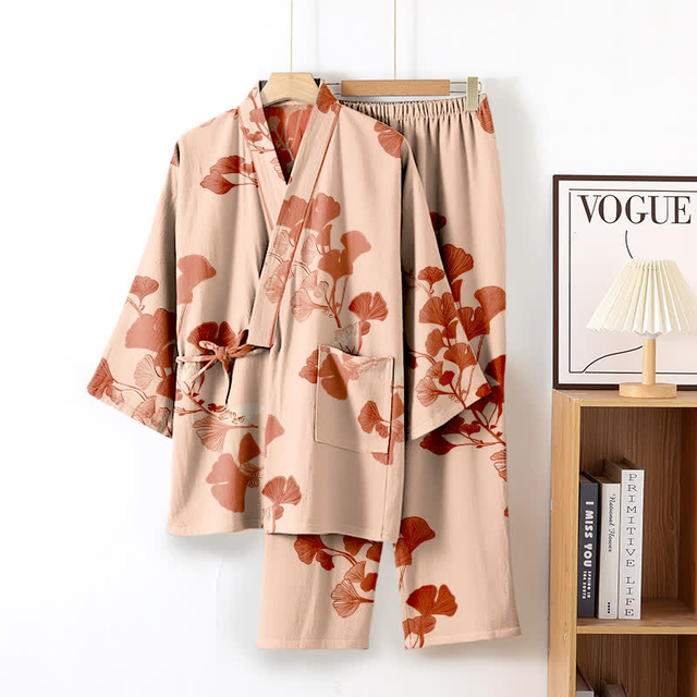 Ownkoti Large Ginkgo Leaf Cotton Kimono Pajamas
