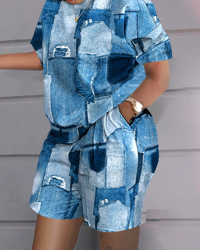 Plus Size Denim Look Print Casual Top & Shorts Set