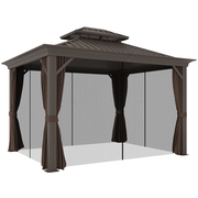 Outsunny 10' x 12' Hardtop Gazebo with Curtains and Netting, Permanent Pavilion Metal Double Roof Gazebo Canopy with Aluminum Frame and Hooks, for Garden, Patio, Backyard, Dark Brown