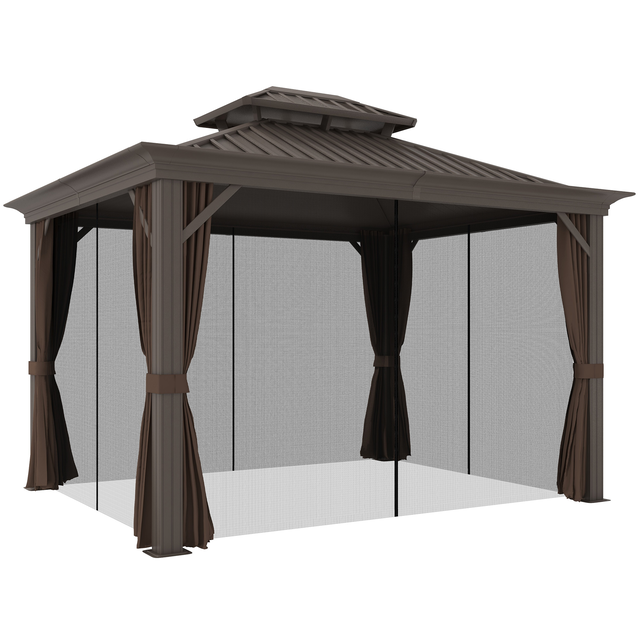 Outsunny 10' x 12' Hardtop Gazebo with Curtains and Netting, Permanent Pavilion Metal Double Roof Gazebo Canopy with Aluminum Frame and Hooks, for Garden, Patio, Backyard, Dark Brown