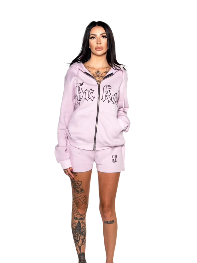 Women's Inked Embroidered Zip Up Hoodie - Pink/Black