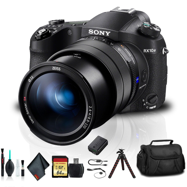 Sony Cyber-Shot DSC-RX10 IV Camera DSCRX10M4/B with Soft Bag, Additional Battery, 64GB Memory Card, Card Reader, Plus Es - Reconditioned