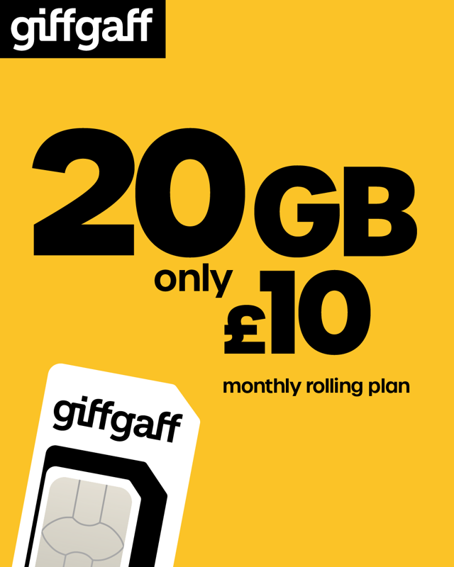 giffgaff SIM - 20 GB for £10 - Monthly Rolling