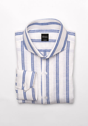 Dual Blue On White Cotton Linen Stripes Shirt