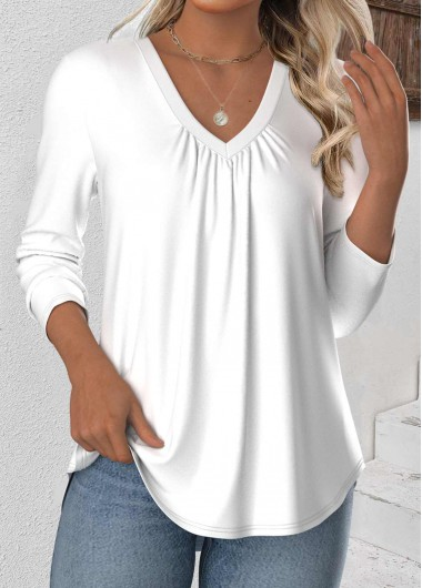White Long Sleeve V Neck T Shirt