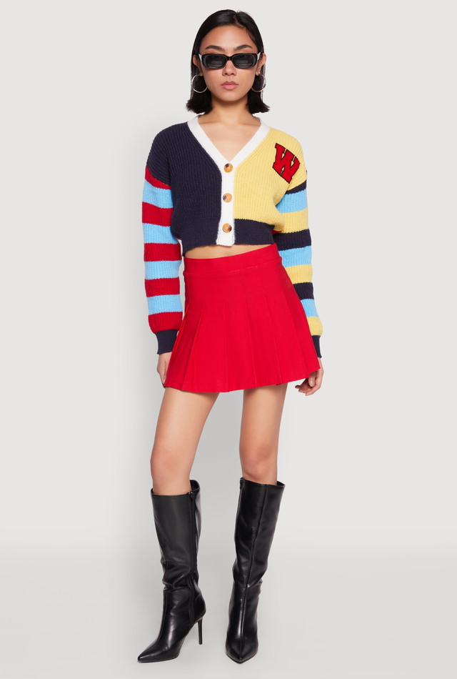 Daisy Chenille Patch Color Blocked Cropped Cardigan