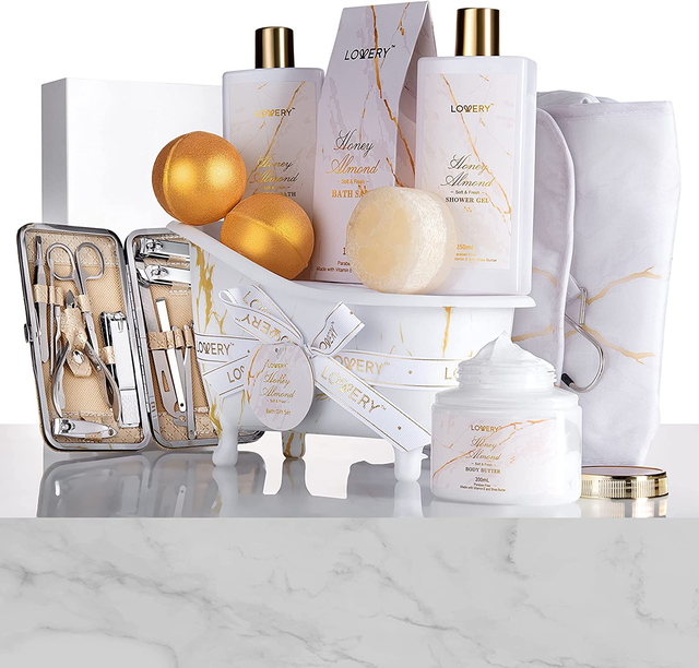 Gold Marble Bath Spa Gift Basket - 31Pc Self Care Kit