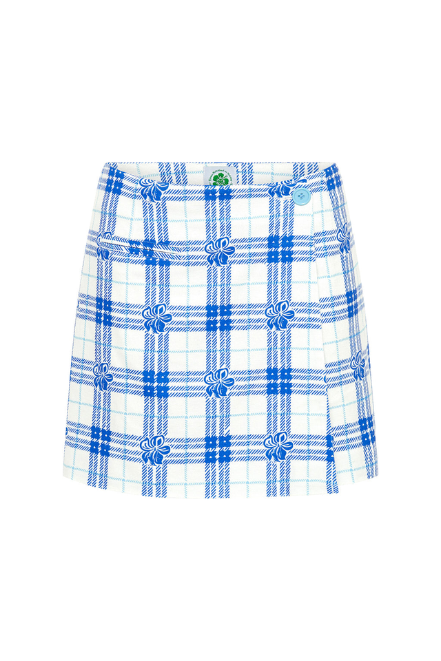 Hibiscus Plaid Wrap Skirt - Blue/White