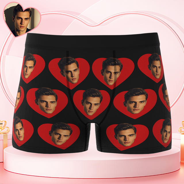 Custom Men's Face Boxers Personalized Photo Love Heart Multicolor Boxer Briefs for Boyfriend Valentine's Day Gift