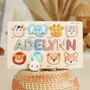 Animal Name Puzzle for Kids, Wooden Toddler Puzzle with Story-Themed Elements, Custom Gifts For 1-3 Year Old, Nursery Decor NP53