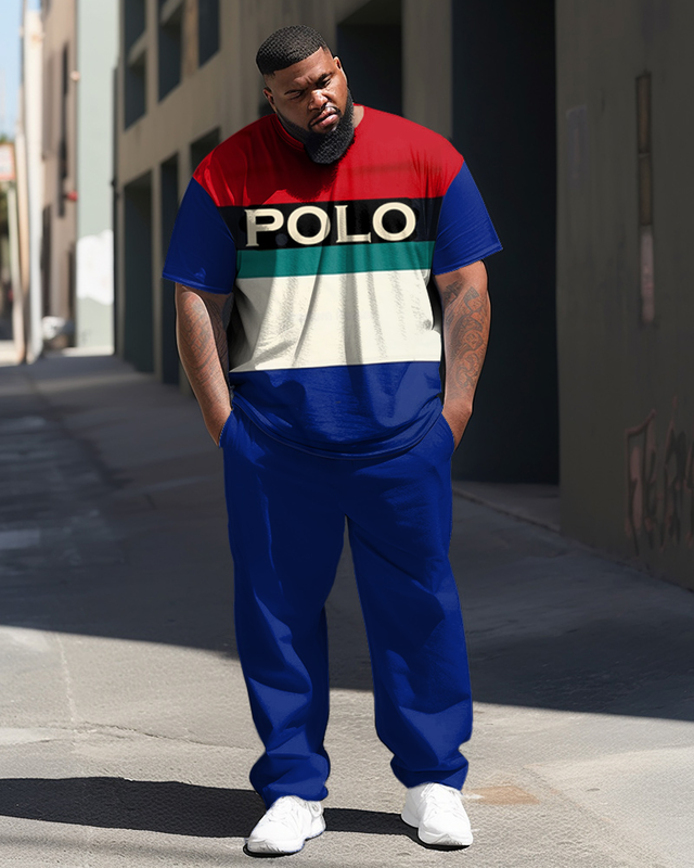 Men's Casual Two-Piece Plus Size Color Matching Short-Sleeved Trousers