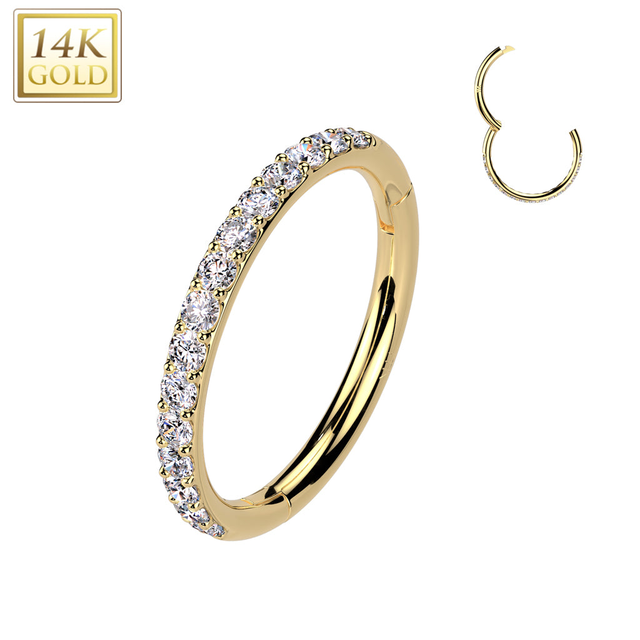 18G 5/16 Clear CZ Gem Solid 14k Gold Outward Facing Hinged Nose Hoop
