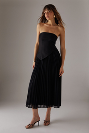 Bandeau Bodice Pleated Chiffon Midi Dress