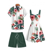 Vacation Couple Outfit Tropical Floral Leaf Pattern Ruched Bust Belted Dress and Roll Up Sleeve Shirt Solid Color Drawstrings Beach Shorts Outfit