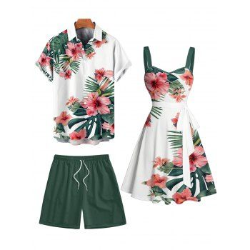 Vacation Couple Outfit Tropical Floral Leaf Pattern Ruched Bust Belted Dress and Roll Up Sleeve Shirt Solid Color Drawstrings Beach Shorts Outfit